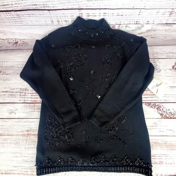 Vintage Deadstock 80's Black Beaded Tunic Sweater Dress M Dark Academia Goth NWT - Picture 1 of 8
